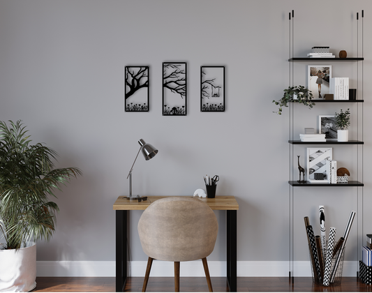 metal wall art tree branch with birds sitting on swings hanging by branch in office study room