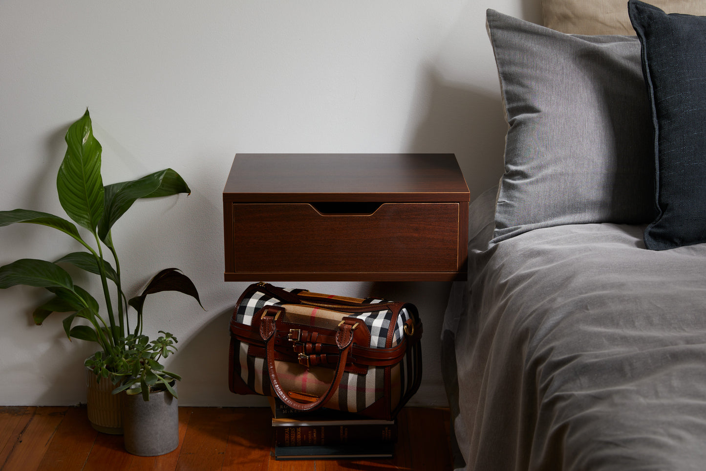 Floating Nightstand With Drawer Wall Mounted Nightstand - Dark Walnut Brown