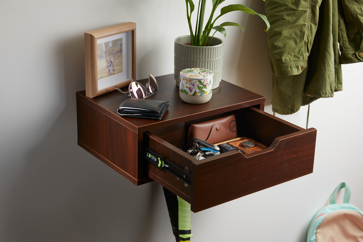 Floating Nightstand With Drawer Wall Mounted Nightstand - Dark Walnut Brown